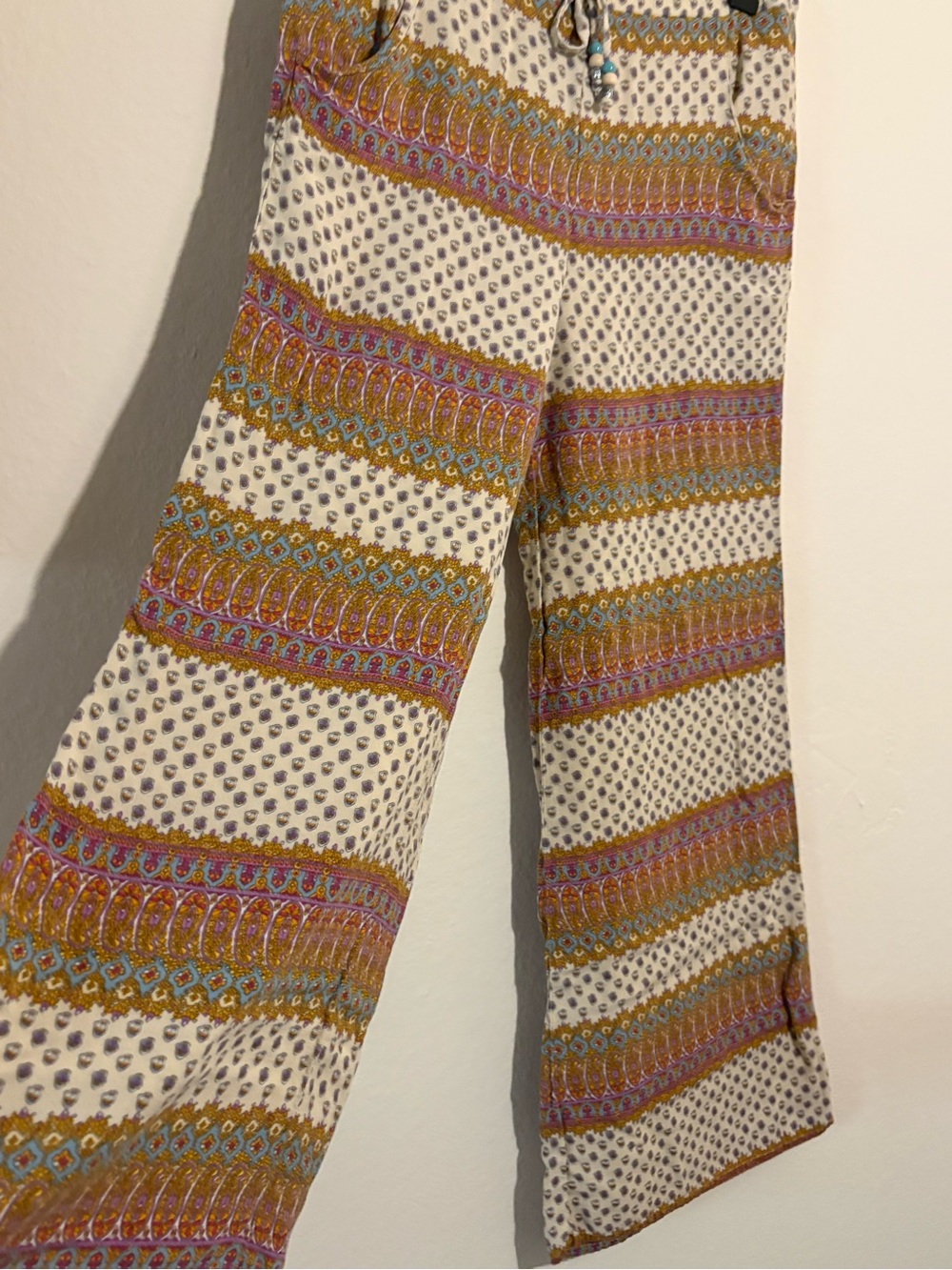 American Eagle Boho Wide Leg Palazzo Pants Paisley Beaded Drawstring